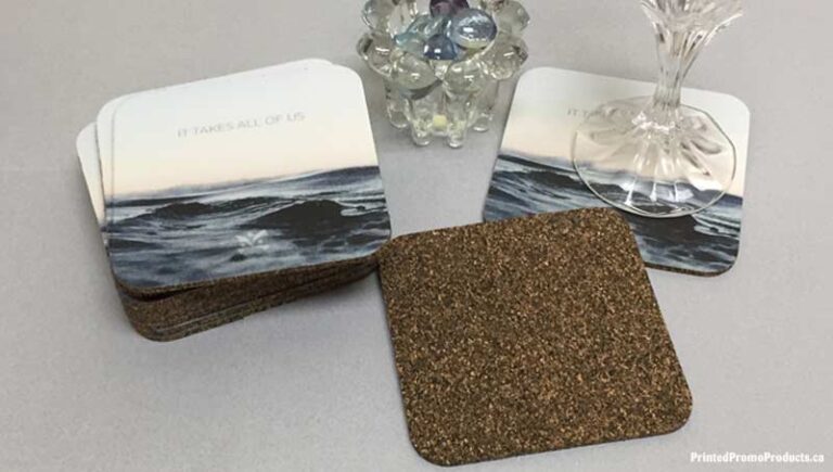 Custom printed cork rubber blend drink coasters Vancouver Canada